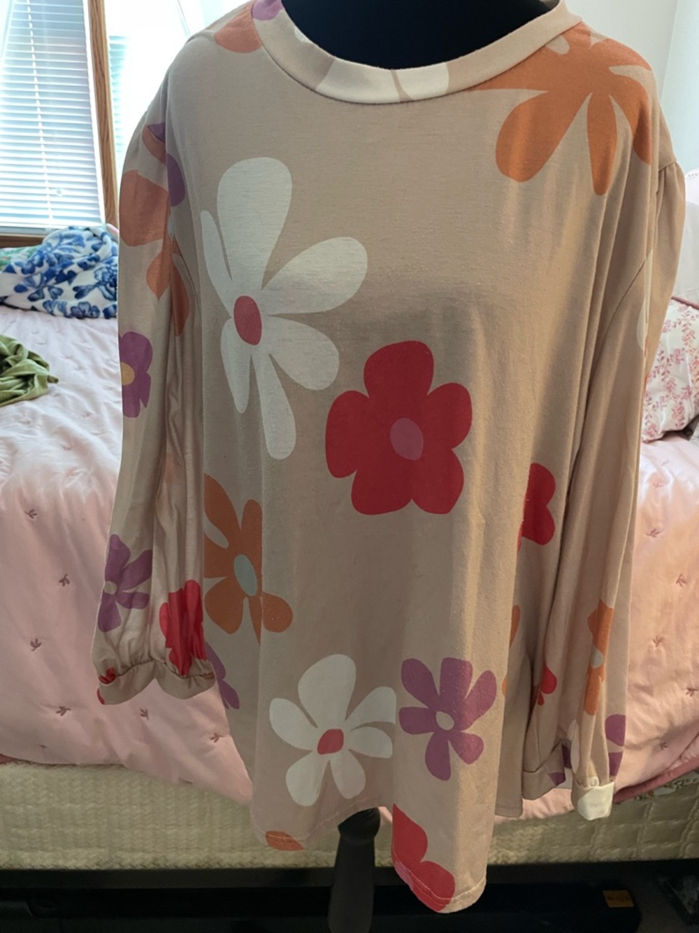Floral Print with puffy Long Sleeve  Tunic - Pink & Red Flowers